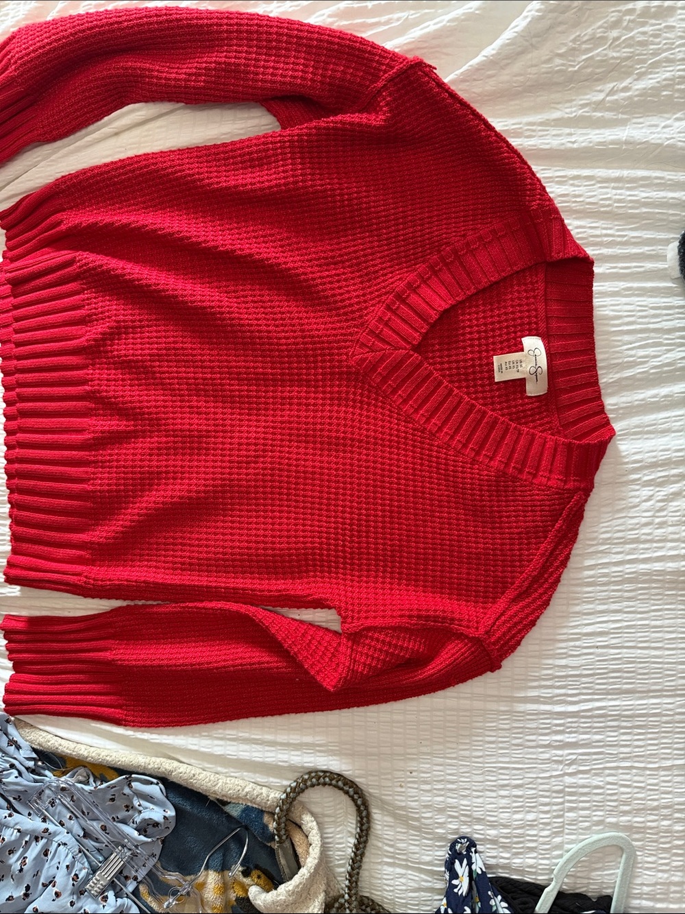 Jessica Simpson Red V-Neck Waffle Knit Sweater